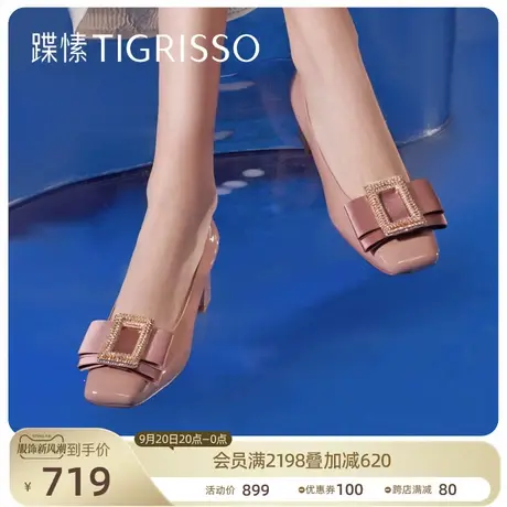 蹀愫2023新粗高跟方头方扣芭比蝴蝶结通勤漆皮单鞋女TA43116-14t商品大图