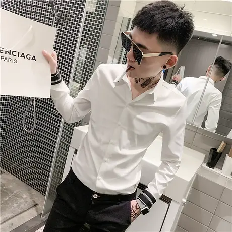 潮牌衬衫男夏季时尚韩版潮流修身百搭纯色帅气休闲发型师长袖衬衣商品大图