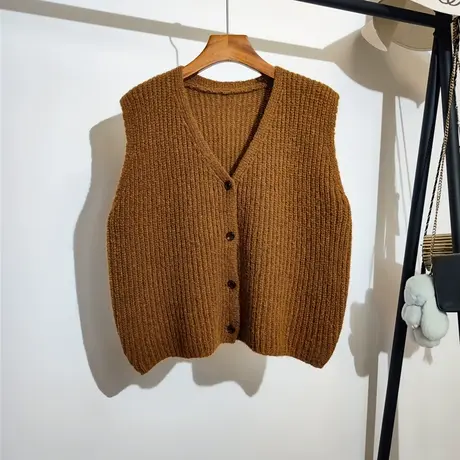 针织马甲开衫女秋冬新款韩版宽松v领纯色简约百搭毛衣小背心外穿商品大图