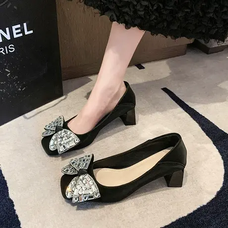 单鞋女2024秋冬季新款时尚蝴蝶结浅口高跟鞋气质粗跟通勤玛丽珍鞋商品大图