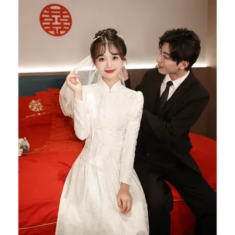 白色旗袍敬酒服2023新款新娘秋冬季长袖订婚礼服回门服秀禾服嫁衣商品大图