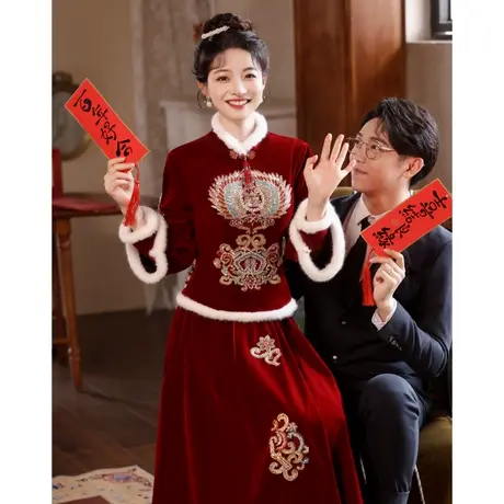 冬季敬酒服2024新款新娘高级感长袖加厚保暖中式结婚礼服女秀禾服图片