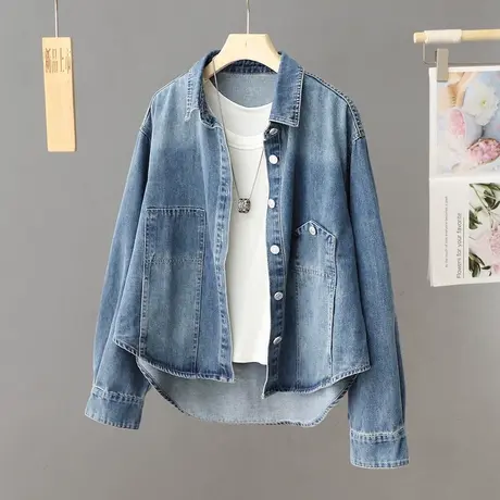 蓝色牛仔衬衫外套女春秋2024早春新款前短后长上衣设计感小众衬衣图片