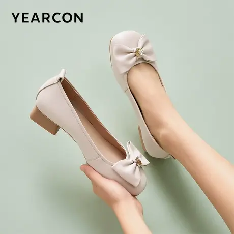 意尔康女鞋2024春季女士皮鞋蝴蝶结单鞋粗跟职业工作鞋低跟通勤商品大图