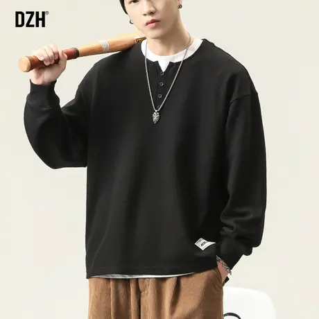 青少年亨利衫黑色长袖男t恤打底衫2024春季新款上衣内搭卫衣美式商品大图