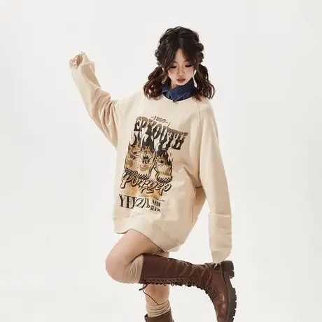 YEP复古卡通印花圆领卫衣女春季新款情侣装宽松oversize无帽上衣商品大图