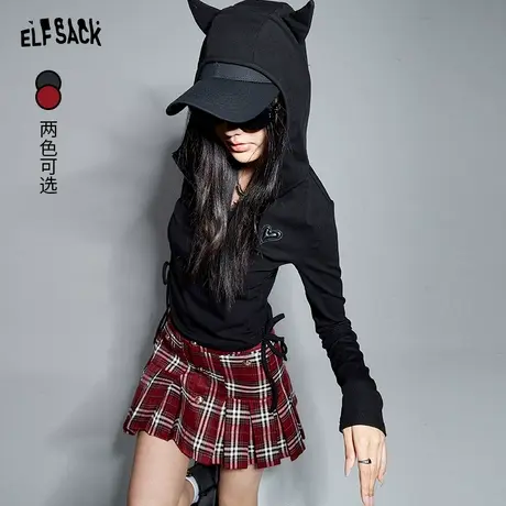 妖精的口袋修身长袖t恤女2024早春新款连帽内搭打底衫设计感上衣商品大图
