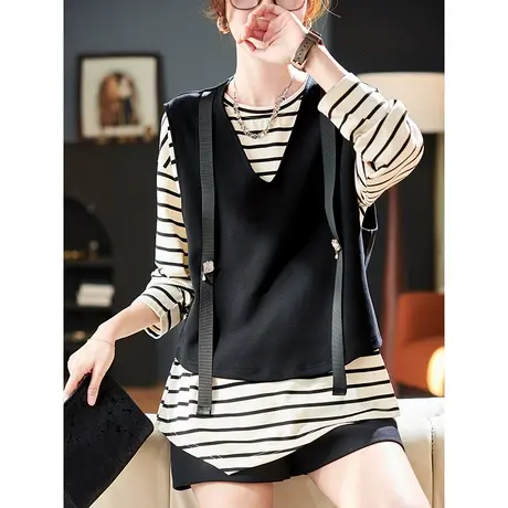 宝诗黎韩系马甲条纹长袖T恤2024春季新款休闲百搭两件套女装上衣图片