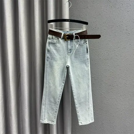 欧货个性撞色口袋牛仔九分裤女2024春季新款高腰显瘦磨破直筒裤潮图片