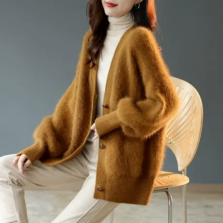 宝诗黎V领宽松灯笼袖针织开衫外套女春季高级感慵懒毛衣流行上衣商品大图