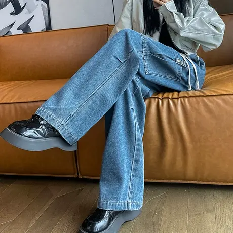 美式阔腿牛仔工装裤女2024年春秋新款设计感褶皱显瘦直筒拖地长裤图片