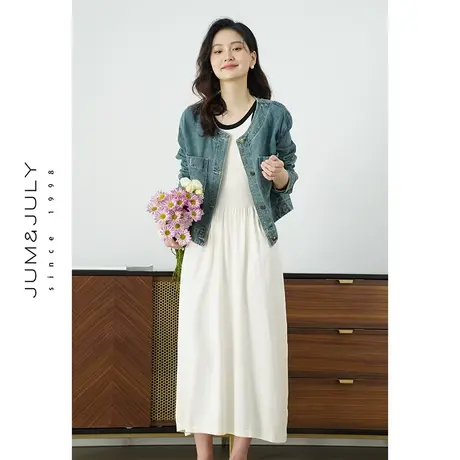 嘉茱莉2024春季新款圆领做旧水洗牛仔外套女工装上衣短款宽松外套商品大图