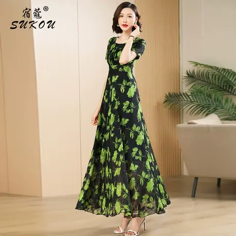 夏季女装2024新款黑底绿色印花长裙女收腰显瘦气质大码大摆连衣裙商品大图