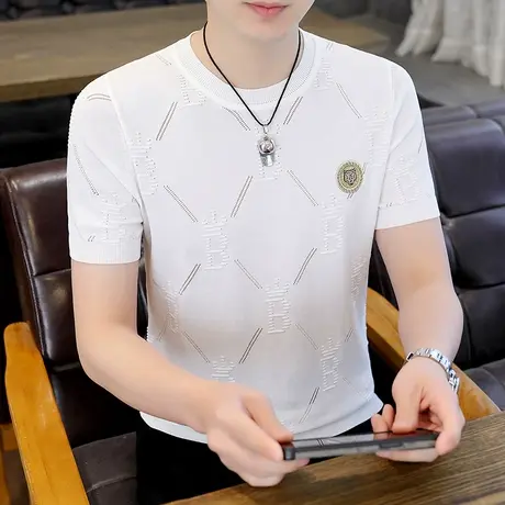 烫钻虎头潮牌欧货短袖T恤男士弹力冰丝透气凉感休闲夏装圆领半袖商品大图