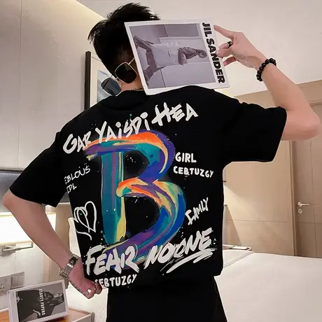 美式宽松印花字母短袖T恤男夏季潮牌街头时尚宽松t恤半袖上衣男款商品大图