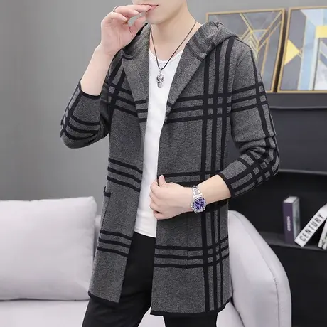 中长款连帽风衣男士春秋季毛衣外套潮流休闲男装格子针织披风大衣商品大图