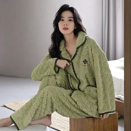 婷美新款睡衣女珊瑚绒加厚秋冬天长袖开衫休闲套装冬季家居服套装商品大图