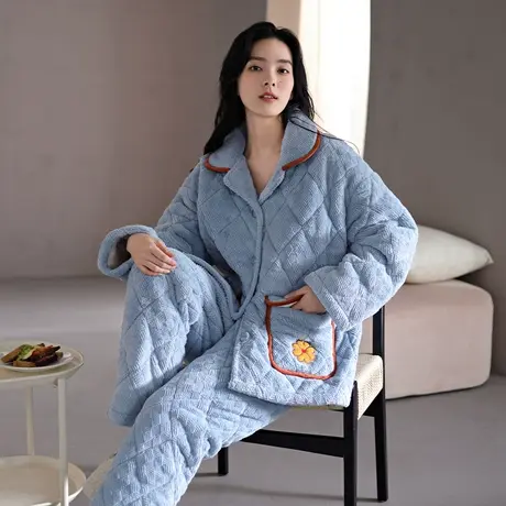 婷美睡衣女秋冬季三层加厚珊瑚绒夹棉加厚保暖女士家居服冬天套装商品大图