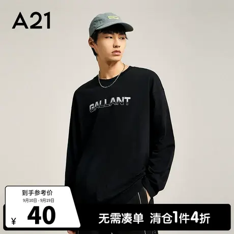 A21outlets男装宽松圆领黑色长袖T恤秋季款潮牌纯棉男士印花上衣图片