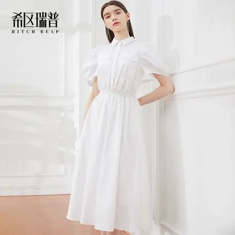 希区瑞普法式高端气质泡泡袖连衣裙2023夏新款时尚衬衫式纯棉长裙图片