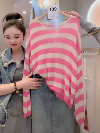 2023春夏新款宽松条纹显瘦粉色冰爽丝空调长袖防晒衫针织薄款上衣商品大图