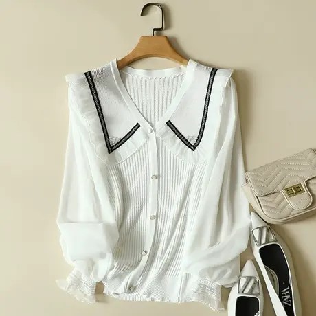 秋装女2023年新款雪纺袖冰丝针织假开衫女宽松上衣洋气蕾丝打底衫商品大图