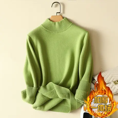 秋冬加绒毛衣女加厚一体绒内搭宽松半高领套头打底针织衫保暖上衣商品大图