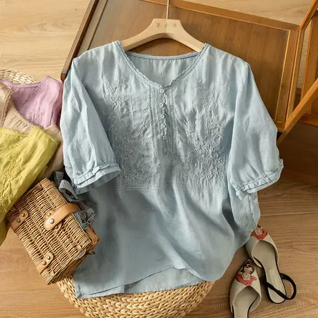 享永子短袖刺绣苎麻衬衫女文艺复古宽松显瘦棉麻上衣2023春夏新款图片