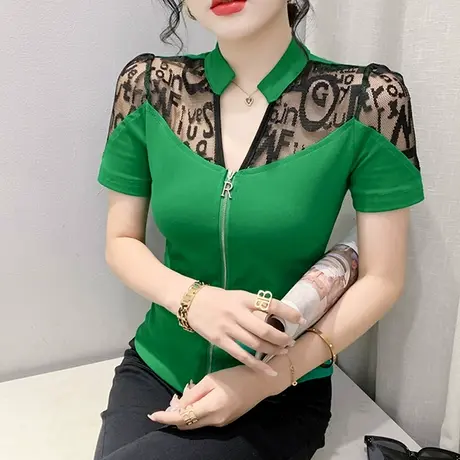 欧货性感V领T恤女短袖时尚洋气网纱拼接小衫别致修身拉链上衣夏装商品大图