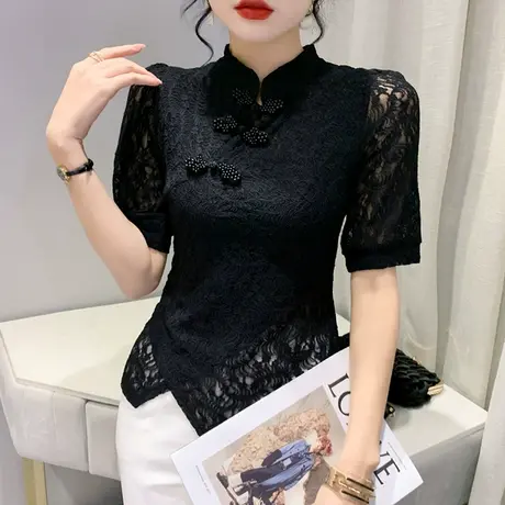 复古盘扣短袖蕾丝衫女国潮性感镂空开叉半袖修身不规则雷丝上衣夏图片