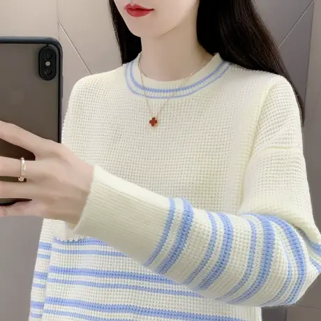 秋冬2023年新款早秋圆领条纹毛衣女薄款宽松洋气百搭套头短款上衣商品大图