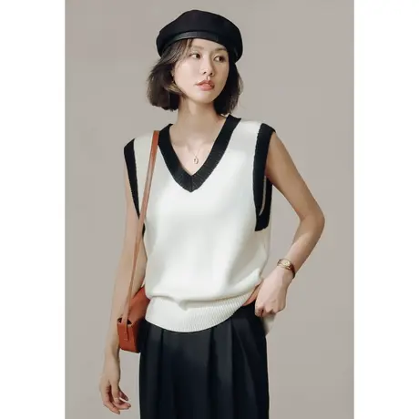 弥古小香风v领毛衣马甲女秋冬宽松羊毛针织背心高级感小坎肩上衣图片