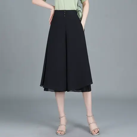 黑色雪纺七分裤女裙裤夏季薄款2023新款高腰宽松大码阔腿裤休闲裤商品大图
