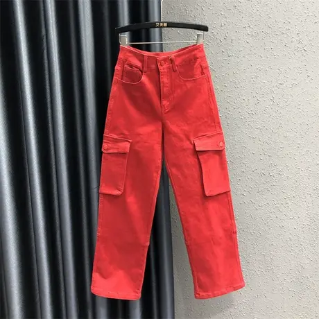 欧货大红色个性口袋设计牛仔直筒裤女23秋季新款高腰显瘦工装长裤图片