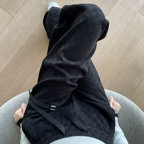 黑色针织阔腿裤女高腰垂感春秋宽松直筒休闲裤抽绳小个子运动裤潮商品大图