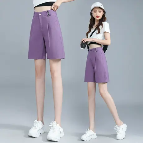 紫色牛仔四分短裤女2023年夏季新款高腰宽松休闲薄款a字阔腿中裤图片