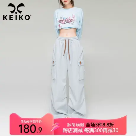KEIKO 雾霾蓝工装裤女2023秋季美式复古小个子高腰显瘦阔腿休闲裤图片