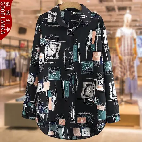 大码女装中年妈妈衬衣春夏新款宽松洋气减龄印花女士长袖雪纺衬衫商品大图