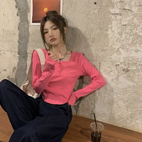 早秋季2023新款低领口长袖玫红色T恤女小个子短款不规则洋气上衣商品大图