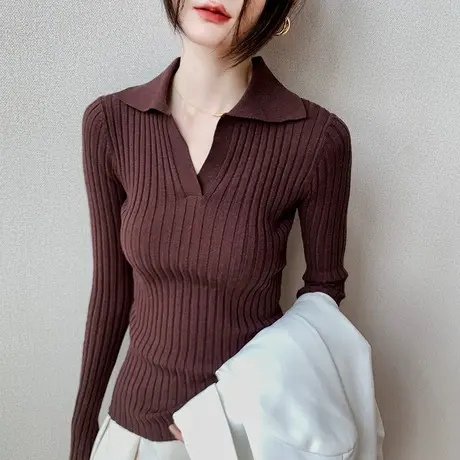 polo领长袖针织衫女2023春季新款简约百搭上衣修身显瘦紧身打底衫图片