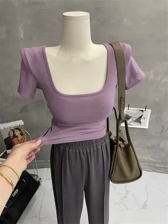 Ju性感！百搭方领短袖T恤女紧身短款黑色上衣纯色显瘦打底衫春夏商品大图