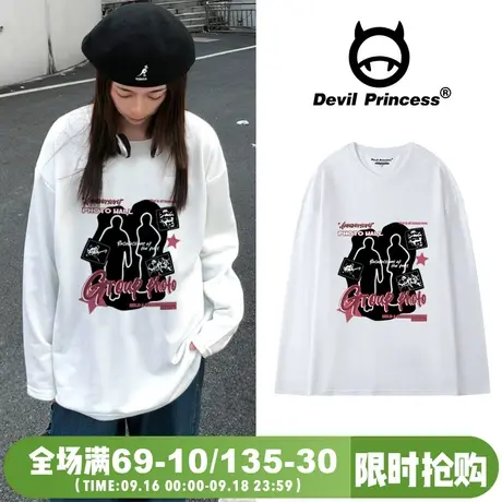 oversize街头嘻哈风潮牌白色长袖t恤女大版宽松早秋新款正肩上衣商品大图