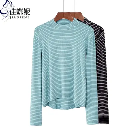 春秋季圆领打底衫2023新款长袖条纹体恤女纯白韩版修身内搭不规则图片