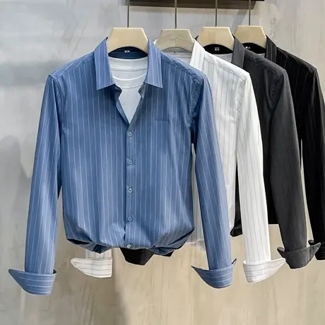男士衬衣夏季薄款韩版潮流修身条纹商务休闲免烫衬衫男长袖春秋款商品大图