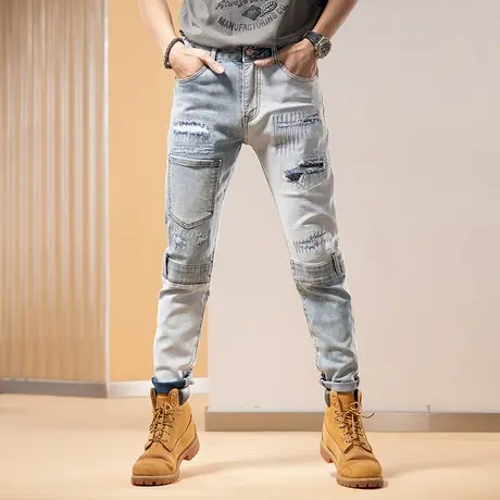 Modi Nick/摩帝尼克水洗休闲时尚牛仔裤男士小直筒破洞裤子百搭商品大图