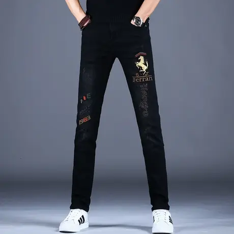 秋冬黑色刺绣牛仔裤男款高端潮牌休闲裤子男潮流新款秋款修身小脚商品大图