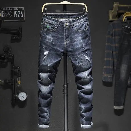 男士弹力牛仔裤男装潮牌破洞印花韩版个性青少年百搭休闲长裤子商品大图