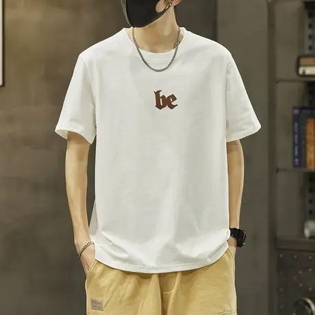 男款字母印花白色短袖T恤夏季男士潮流百搭圆领情侣装夏款上衣服商品大图