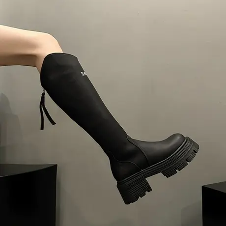 高筒长筒靴女2023年秋季新款时尚百搭复古帅气粗跟不过膝骑士靴图片