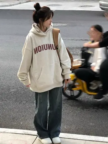 大码胖mm韩版连帽卫衣女加绒加厚春秋季遮肚子印花字母上衣200斤商品大图